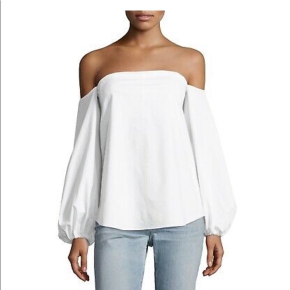 Theory LAUREEMA Off Shoulder BuildIn Bra Poplin White Top Ballon Puff Sleeve - Picture 3 of 16